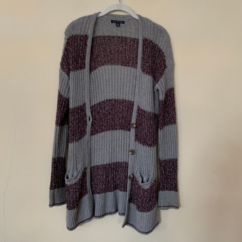 Wine and Grey Striped Cardigan